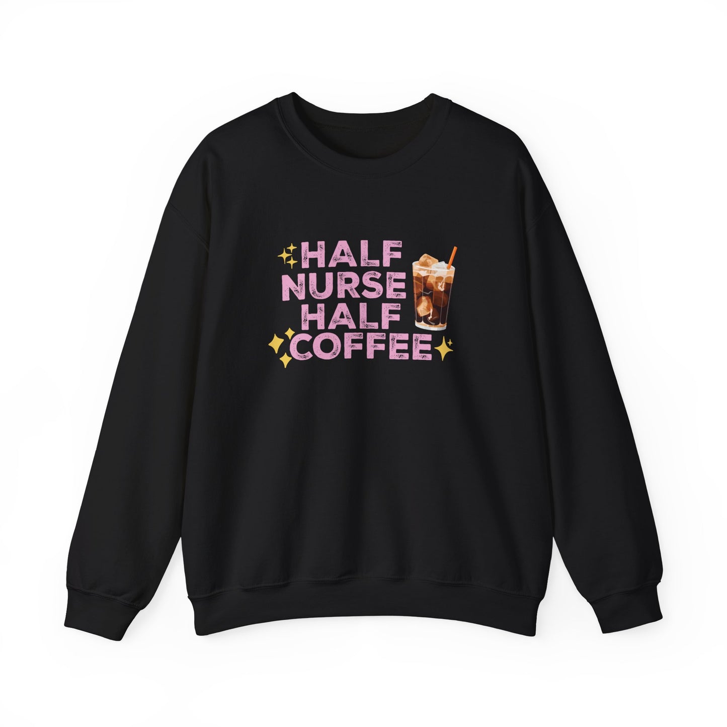 Half Coffee Half Nurse Crewneck Graphic Sweatshirt, Perfect For Nurse Week, Students, Nurse Graduates, Registered Nurses, ER Nurses, Paediatric, Oncology, NICU, Nurse Retirement, Perfect Cozy Sweater For Thanksgiving Or Christmas & Holidays